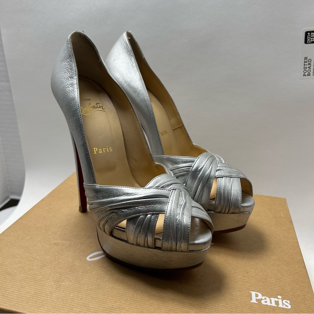 Christian Louboutin ABORINA 150 Metallic Silver Twist Platform Heels Pump Shoes